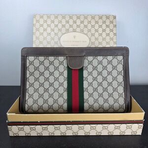 Vintage GUCCI Parfums GG Monogram Large Pouch Clutch Web Stripe NIB Italy 12"
